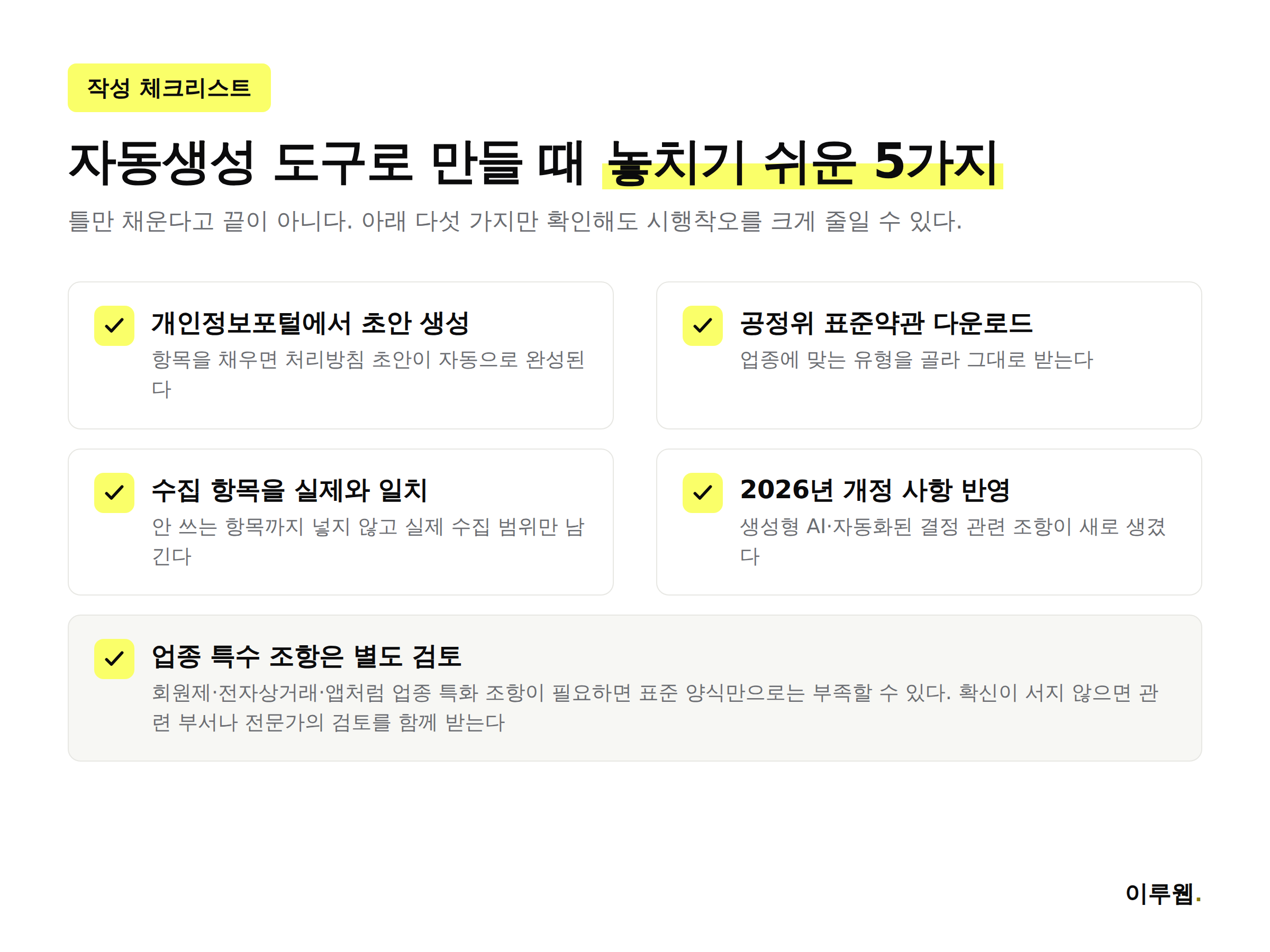 개인정보처리방침과 이용약관을 자동생성 도구로 만들 때 확인할 5가지 체크리스트