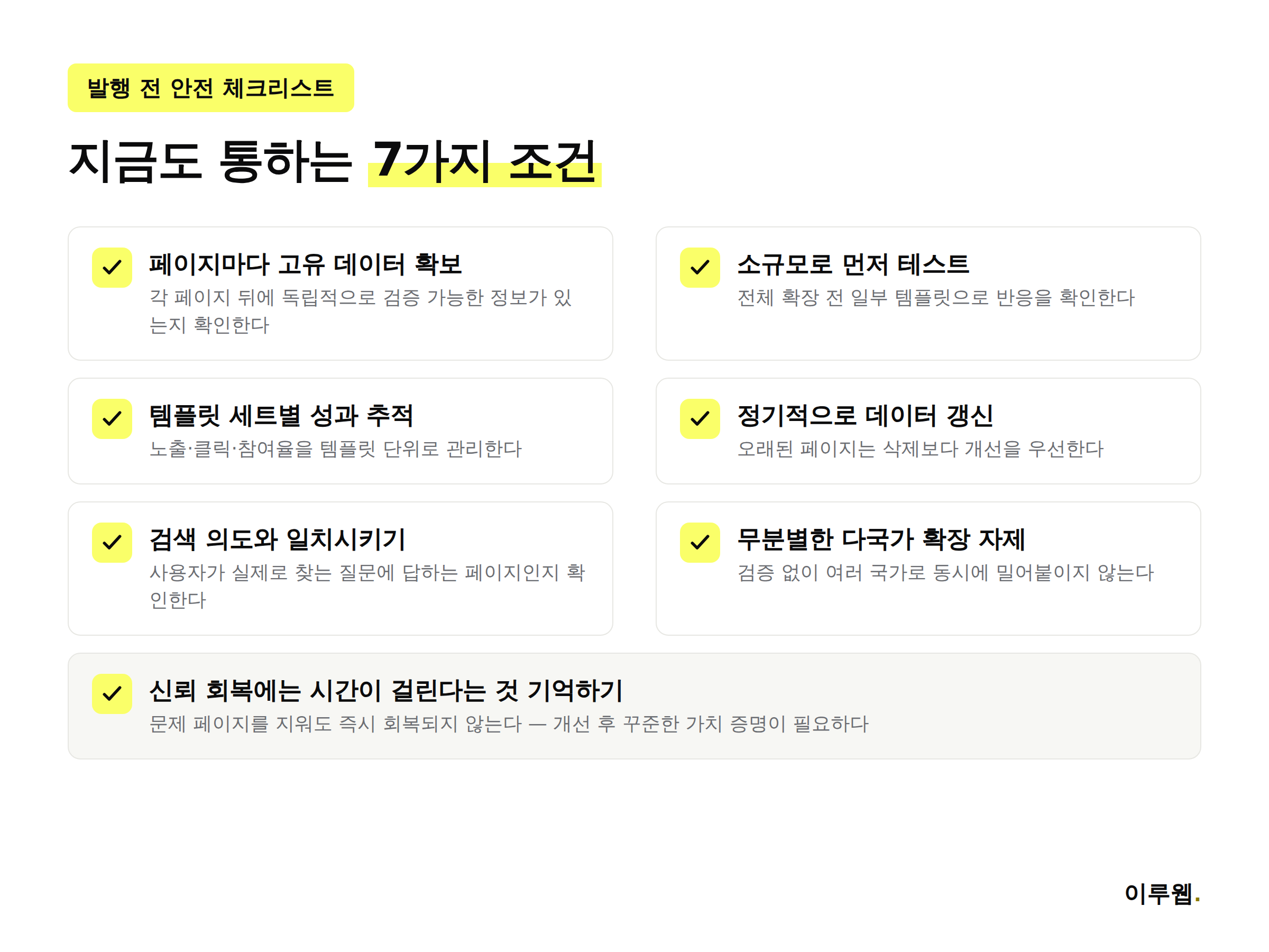 프로그래매틱 SEO를 안전하게 운영하기 위한 7가지 체크리스트 인포그래픽