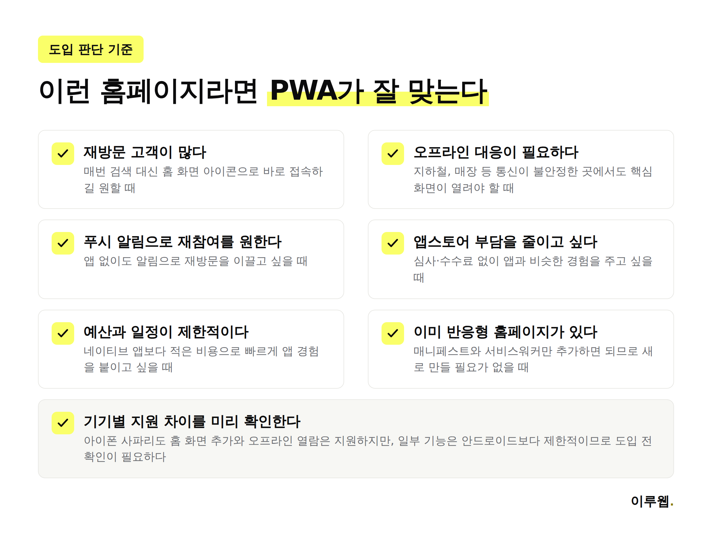 PWA 도입이 잘 맞는 홈페이지 유형을 정리한 인포그래픽