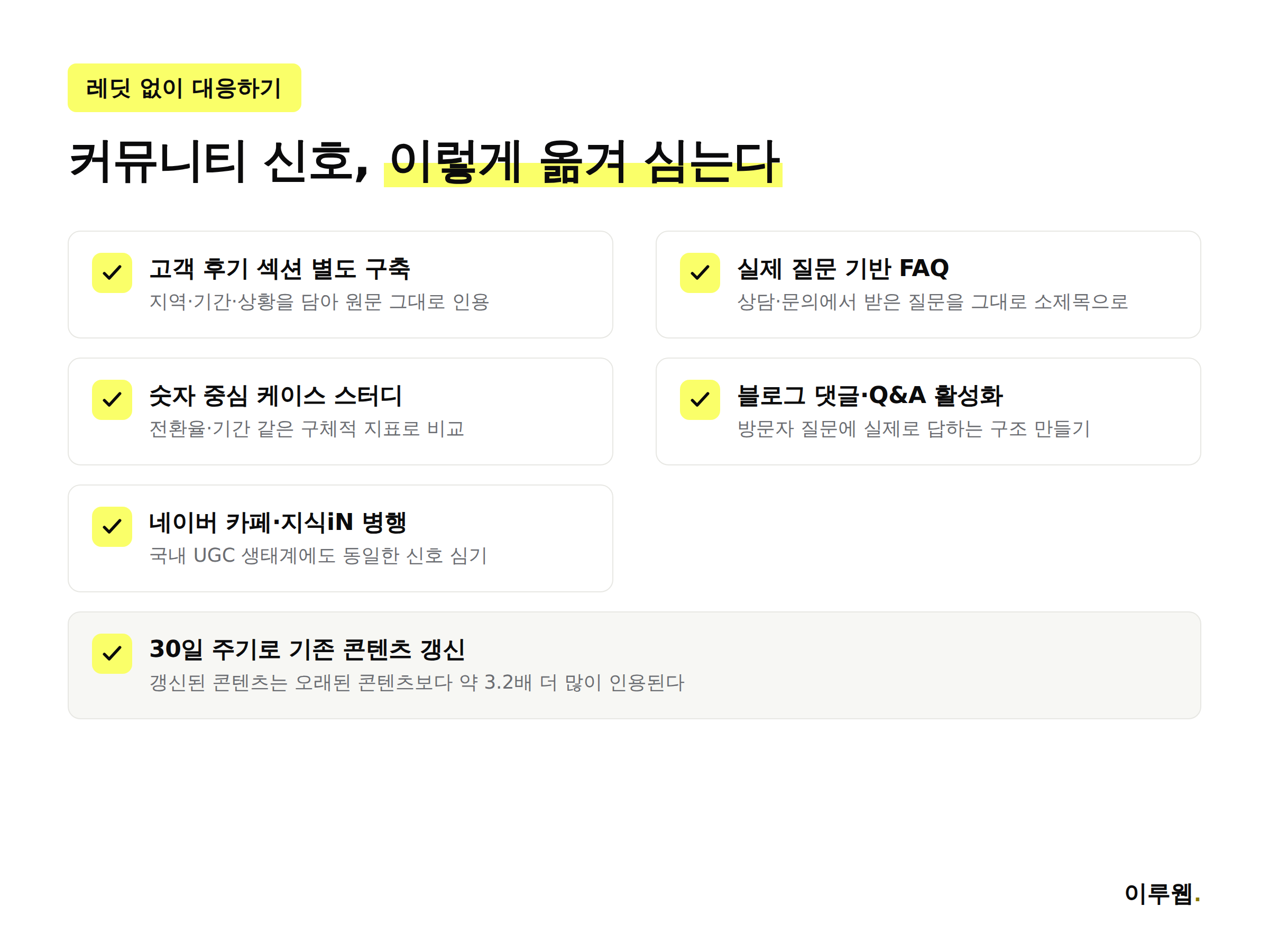 레딧이 없는 국내 사이트가 커뮤니티형 신호를 만드는 실전 체크리스트 인포그래픽