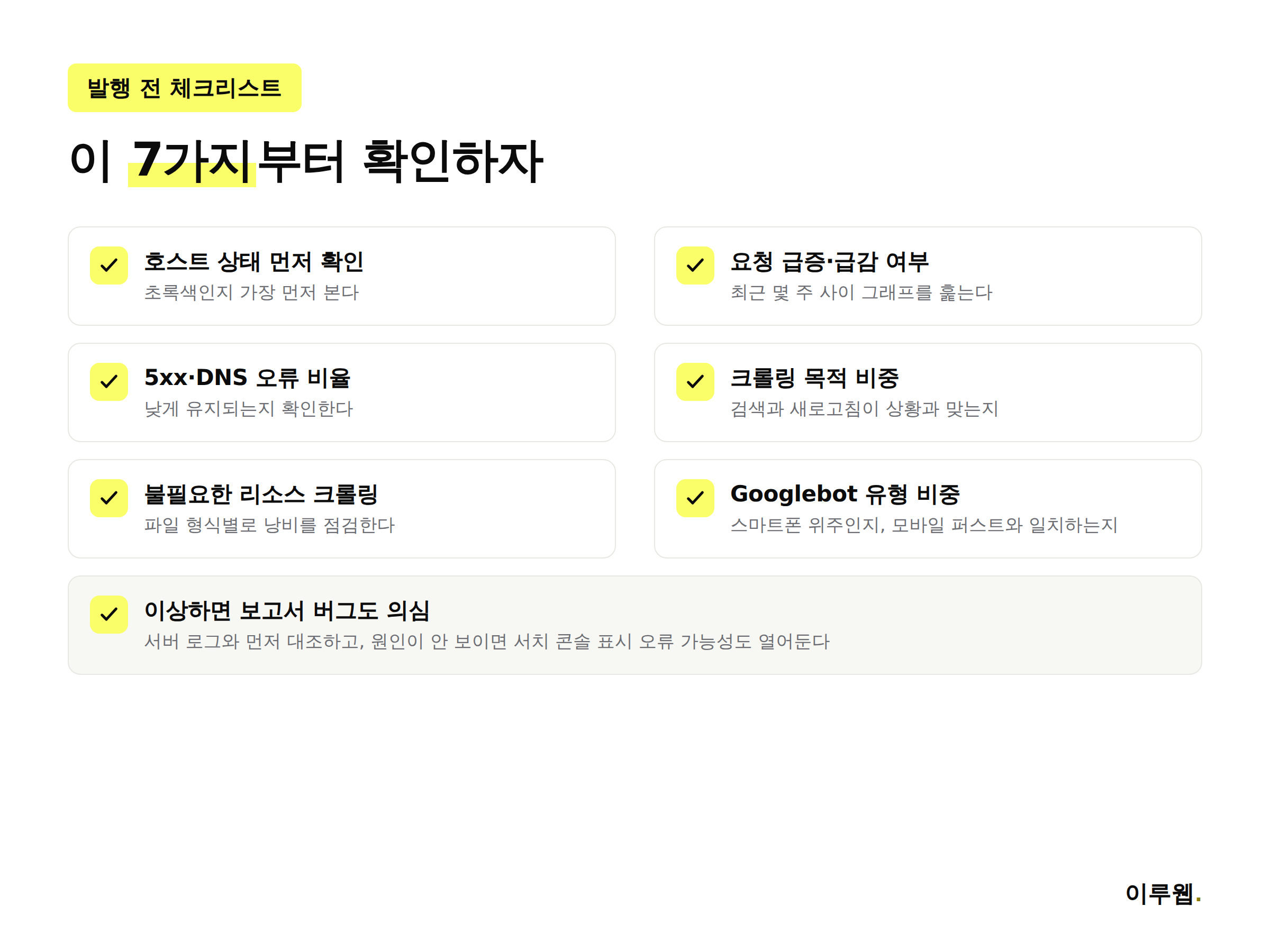 크롤링 통계 보고서 점검 체크리스트 7가지를 정리한 인포그래픽