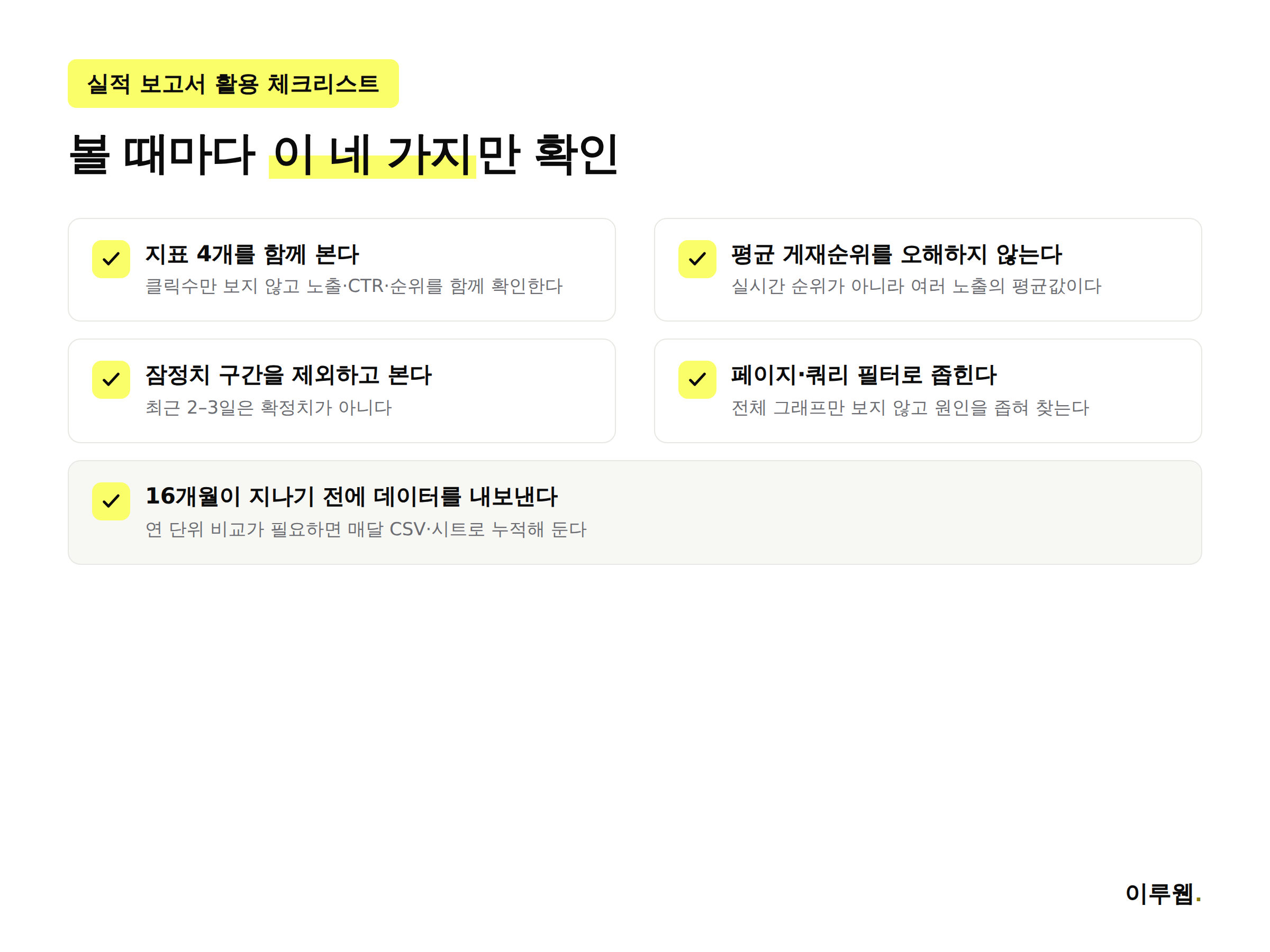 서치 콘솔 실적 보고서 활용 체크리스트, 지표 조합 필터 비교 데이터 보관 확인 항목을 정리한 인포그래픽