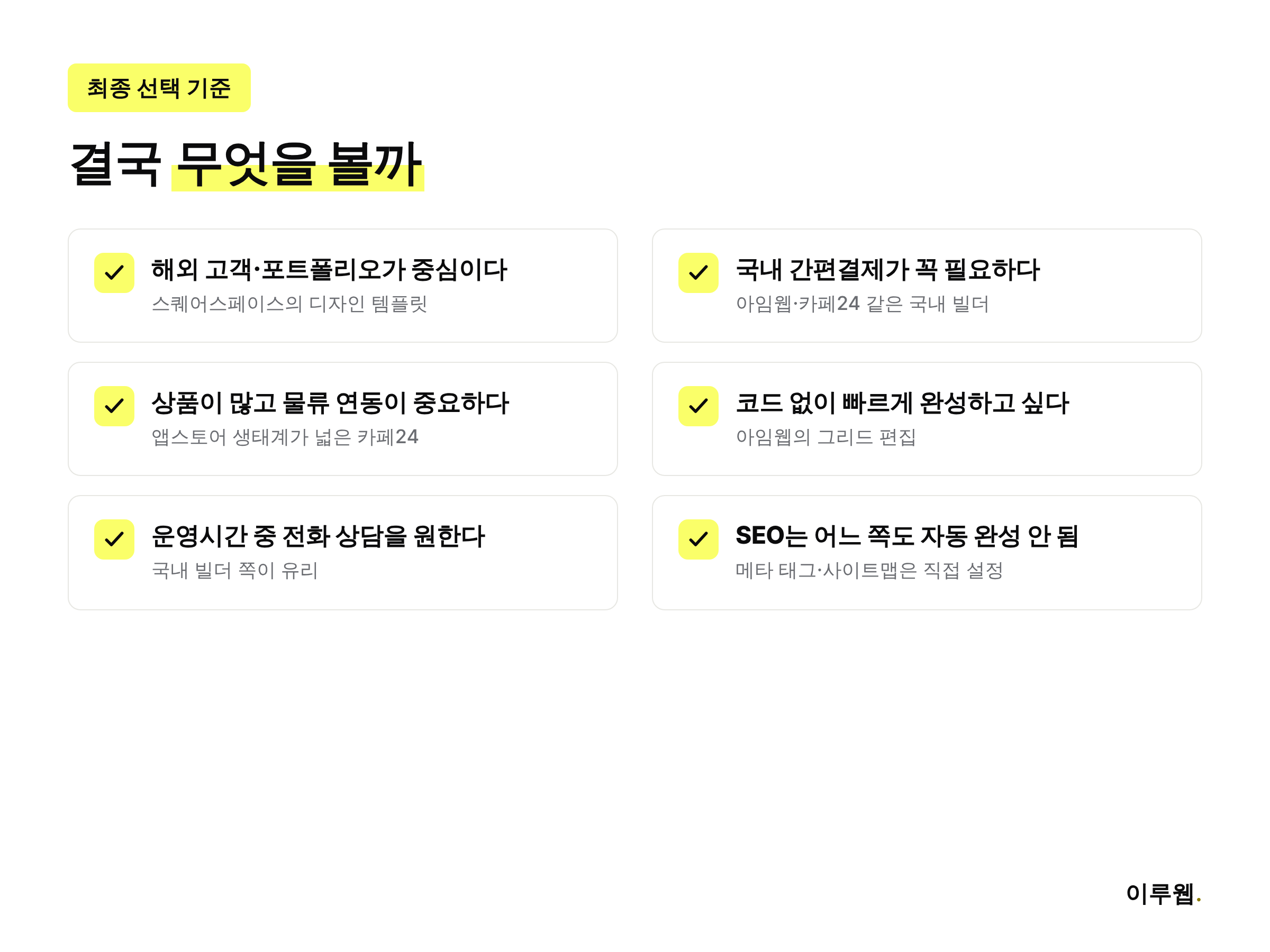 스퀘어스페이스와 국내 빌더 중 무엇을 고를지 정리한 선택 기준 체크리스트 인포그래픽