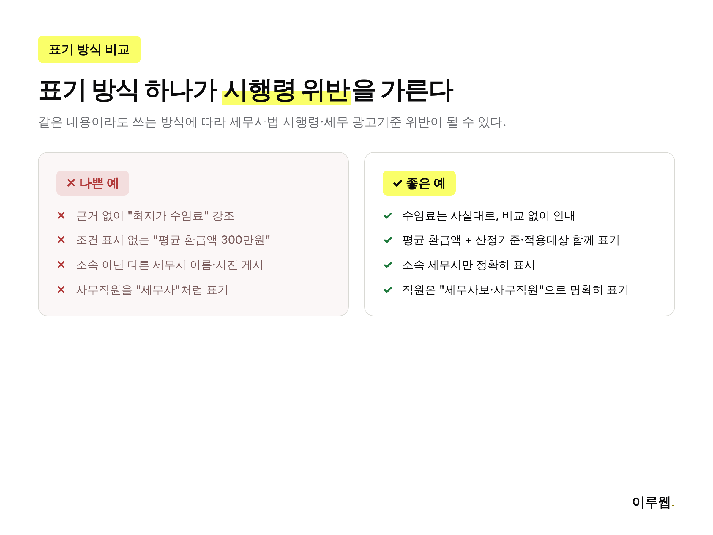 세무사 홈페이지에서 금지되는 광고 표현과 올바른 표기 방식을 나쁜 예·좋은 예로 비교한 인포그래픽