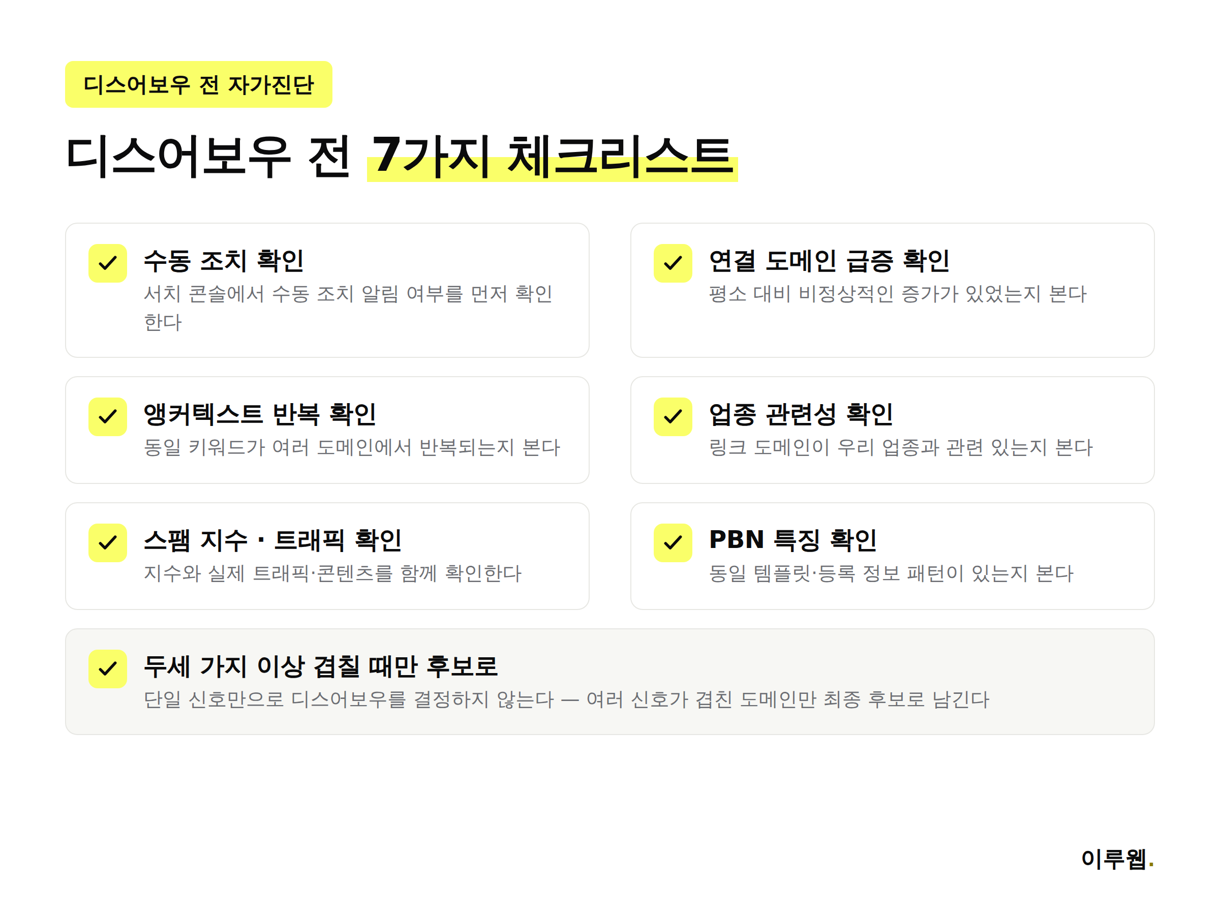 디스어보우 전 자가진단 체크리스트 일곱 가지를 정리한 인포그래픽