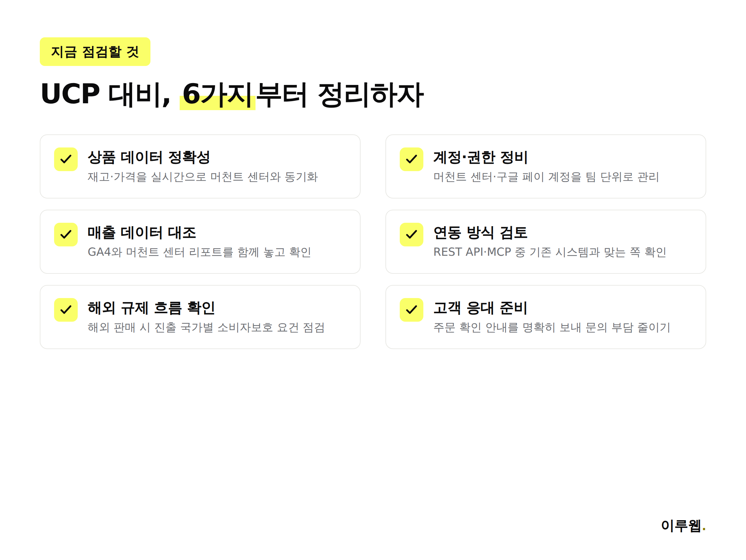 UCP 대비를 위해 쇼핑몰이 점검해야 할 항목을 정리한 체크리스트 인포그래픽