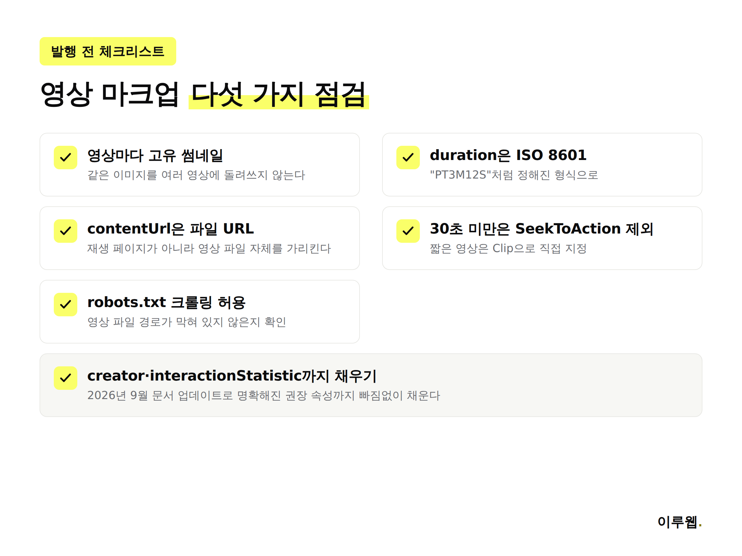 VideoObject 구조화 데이터 발행 전 체크리스트 인포그래픽