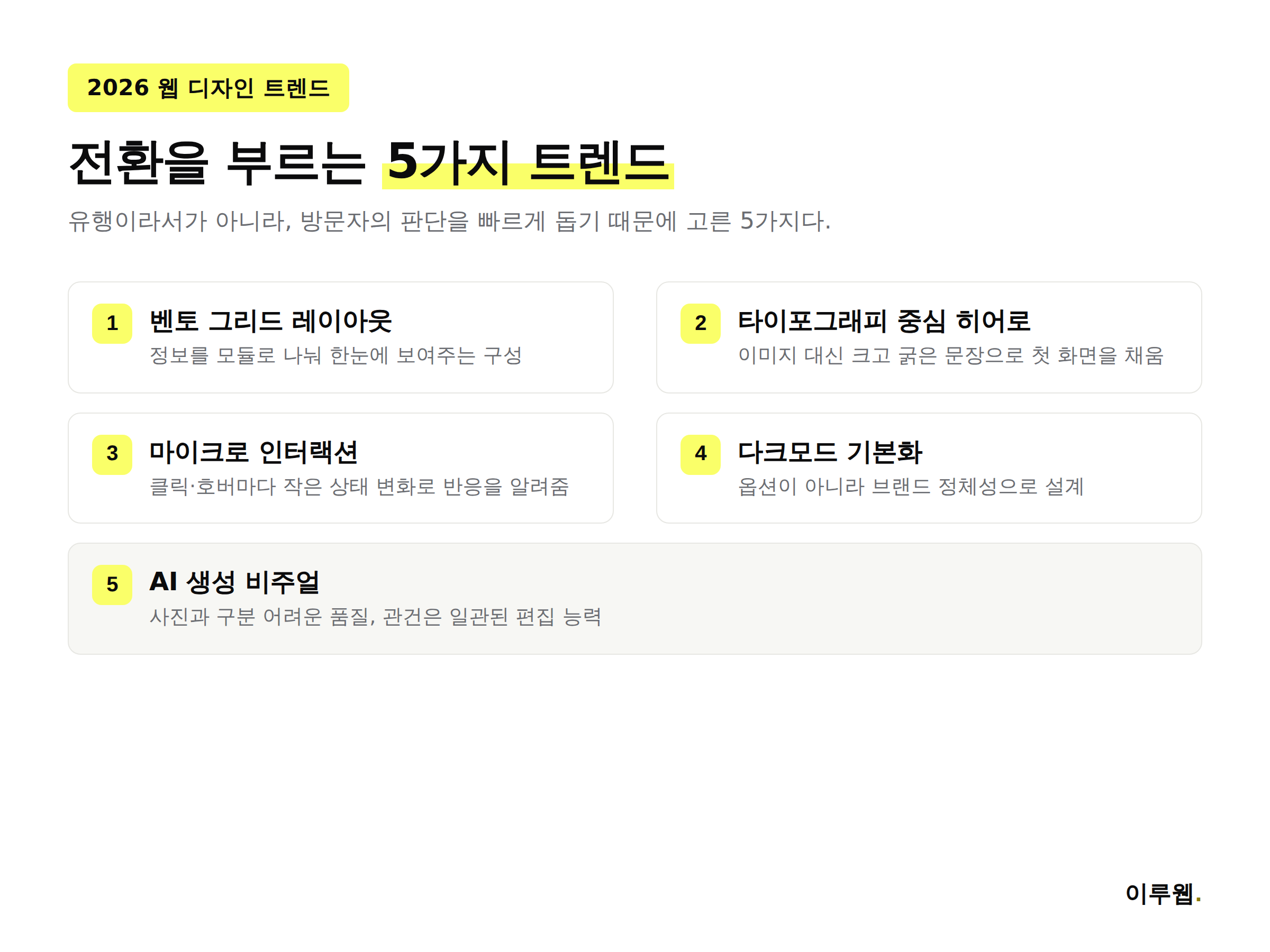 2026 웹 디자인 트렌드 5가지를 한눈에 정리한 인포그래픽