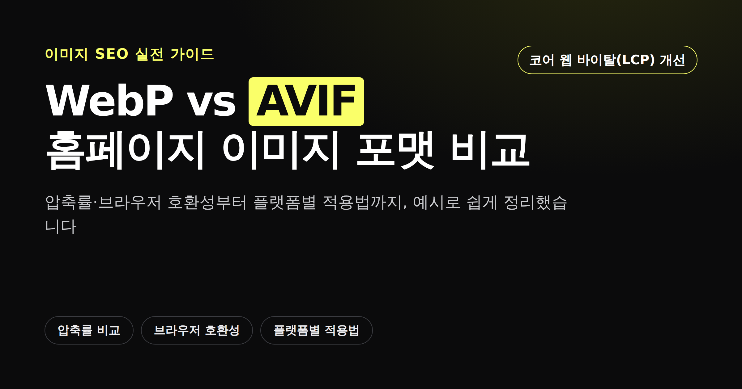 WebP와 AVIF 이미지 포맷을 압축률, 브라우저 호환성, 플랫폼별 적용법 기준으로 비교하는 카드뉴스 썸네일