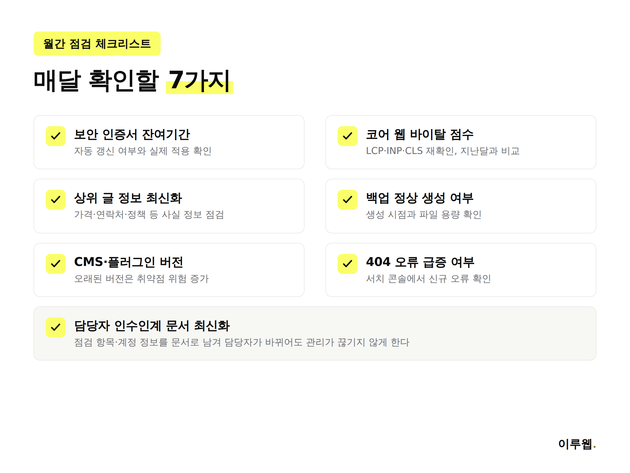 홈페이지 월간 유지보수 체크리스트 7가지를 정리한 인포그래픽