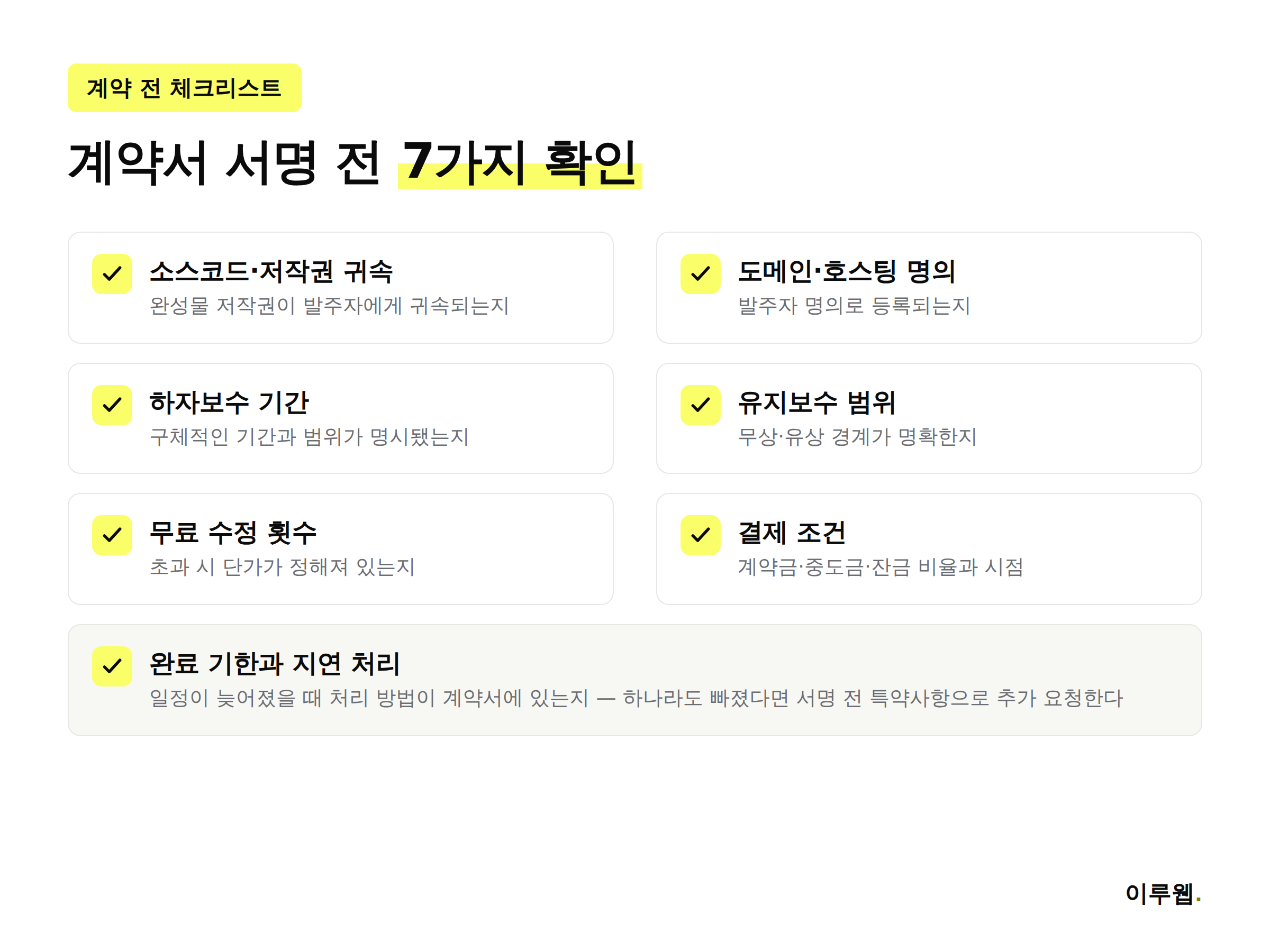 웹사이트 제작 계약서 서명 전 확인해야 할 체크리스트 인포그래픽