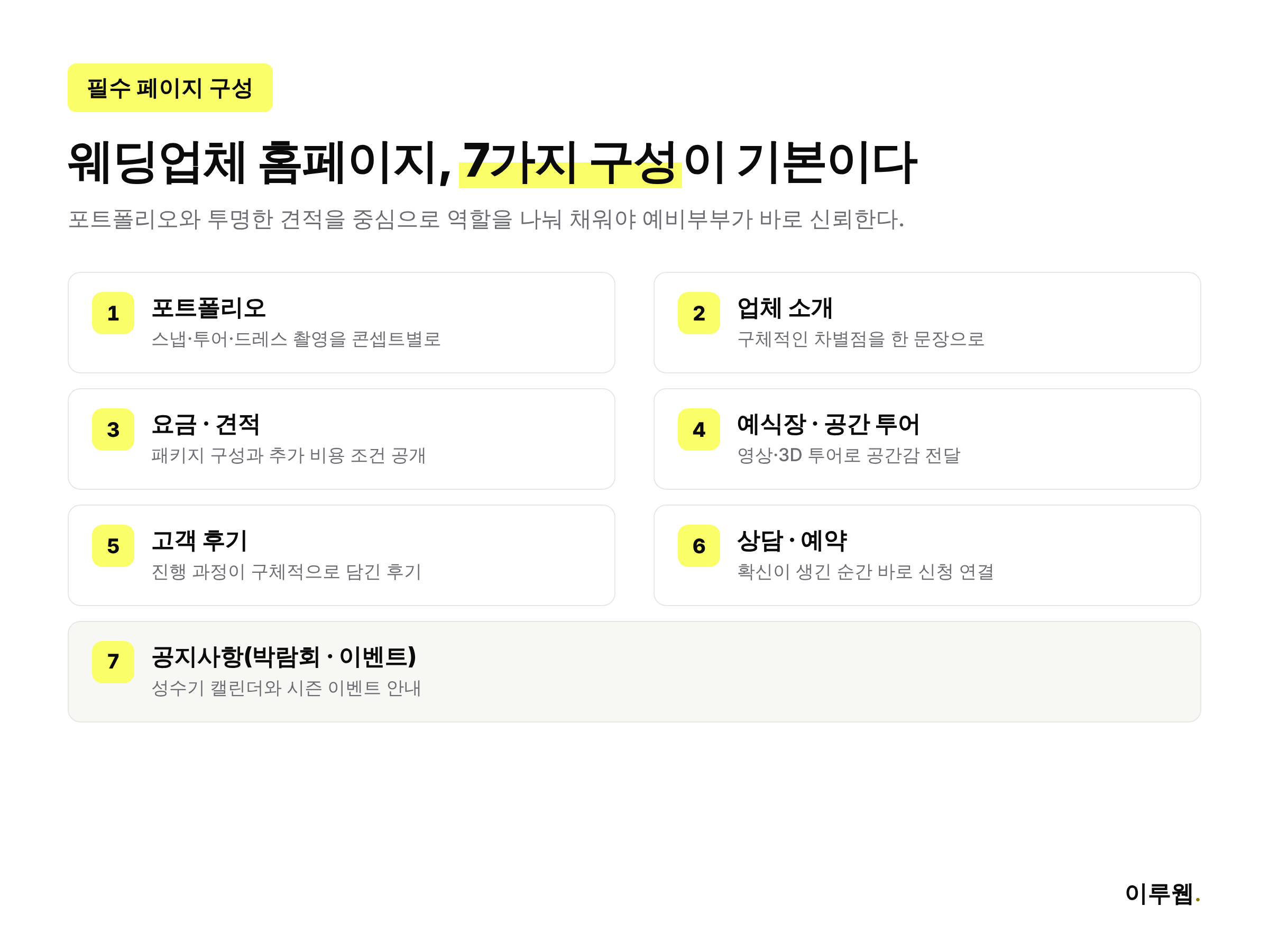 웨딩업체 홈페이지 필수 페이지 구성 7가지를 정리한 체크리스트 이미지