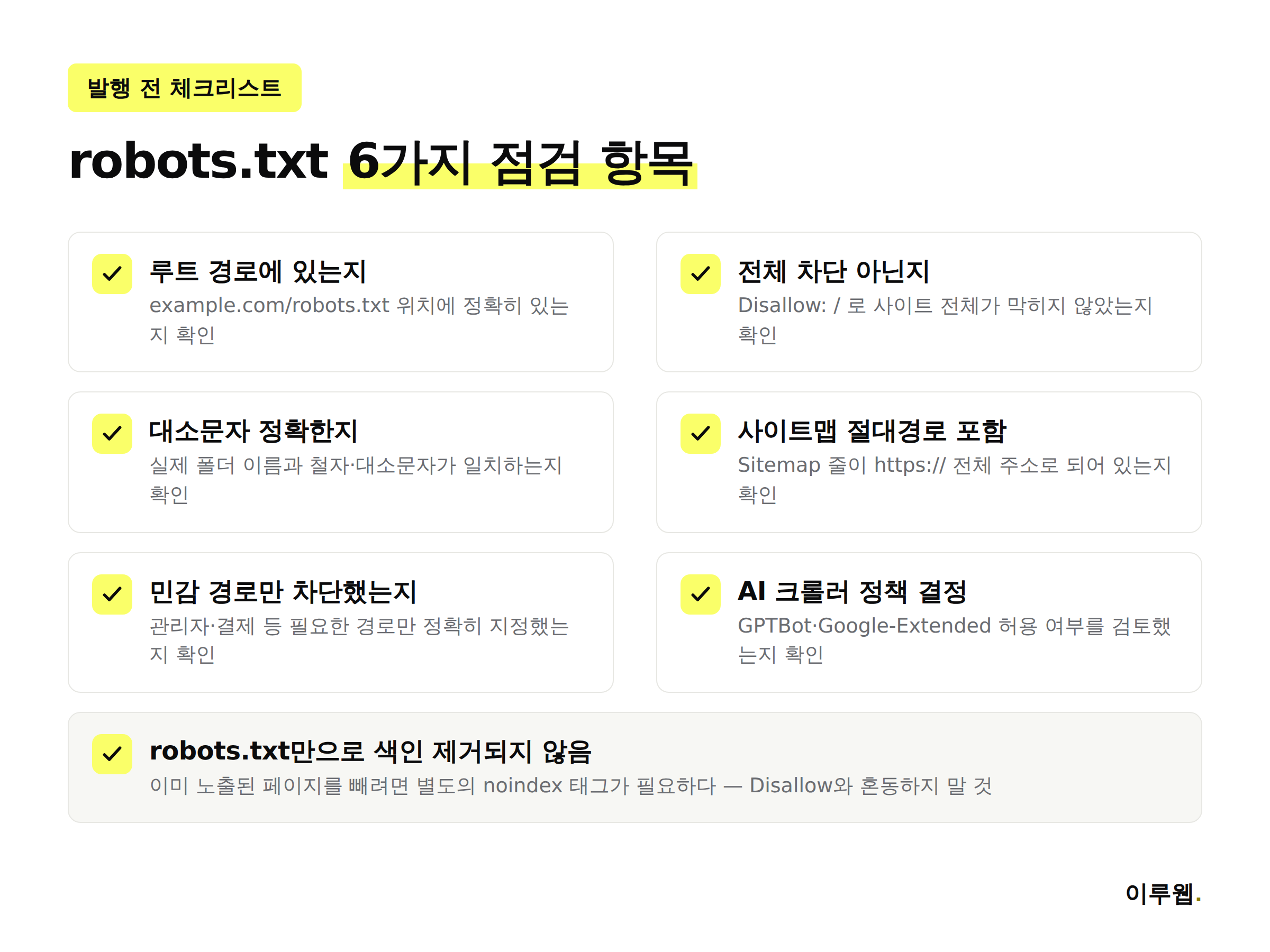 robots.txt 발행 전 확인해야 할 점검 항목을 정리한 체크리스트 이미지