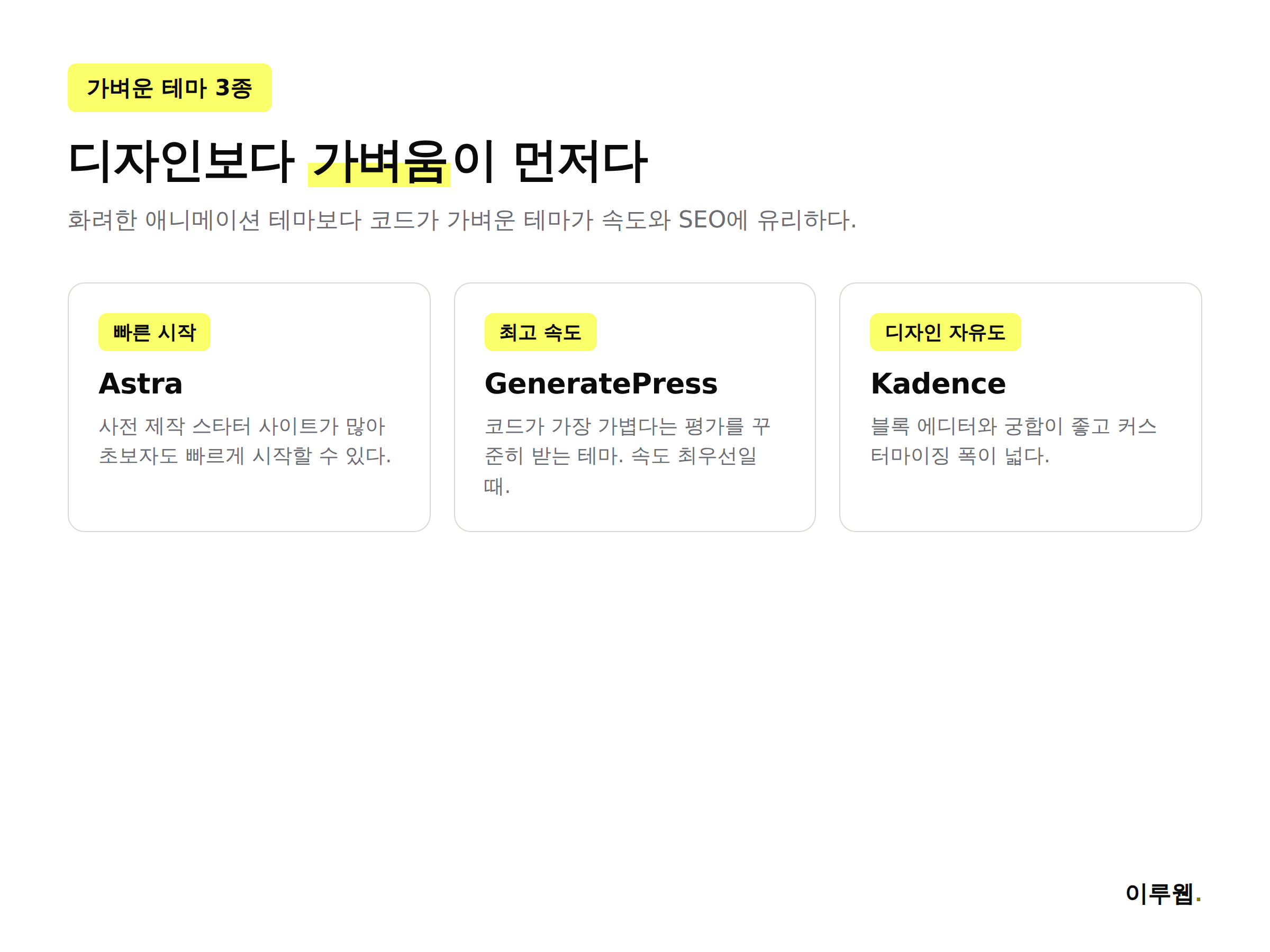 가벼운 워드프레스 테마 Astra, GeneratePress, Kadence의 특징을 비교한 인포그래픽